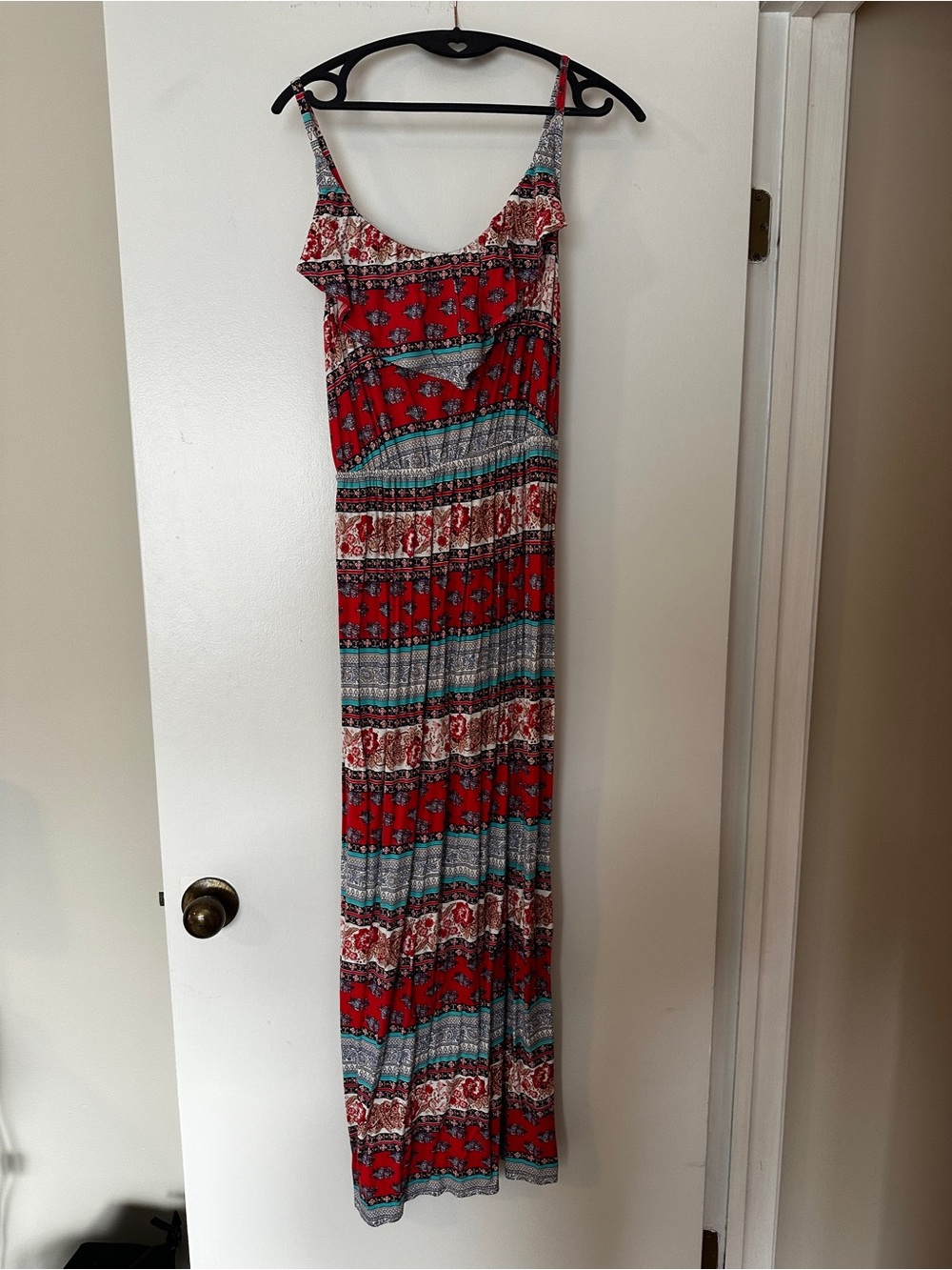 C Red and Teal Patterned Beach Maxi Dress